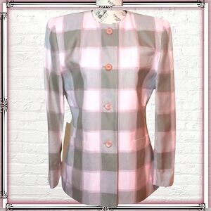 Vintage En Avance Pink & Brown Buffalo Plaid Collarless Blazer Size 8
